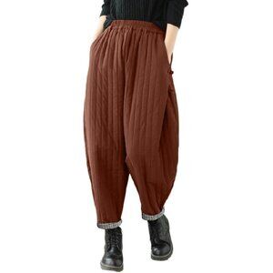 Women's Winter Quilted Cotton Pants Relaxed Fit Wide Leg with Pockets